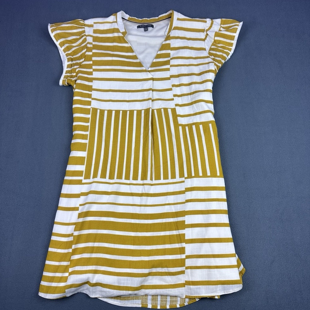 Laurel Grey Womens Large Striped Shift Dress Pockets Mustard White Rayon Linen